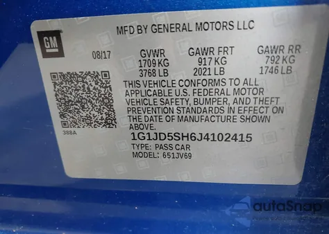 2018 Chevrolet Sonic Lt Auto from USA, damaged, VIN 1G1JD5SH6J4102415